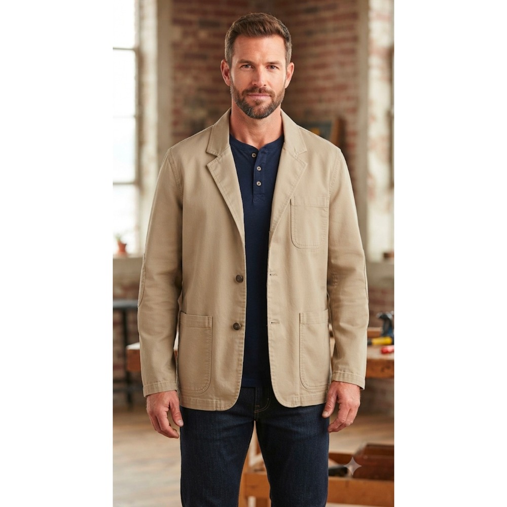 Duluth Trading Co Men XL Tall Khaki Canvas Chore Blazer Jacket Elbow Patches